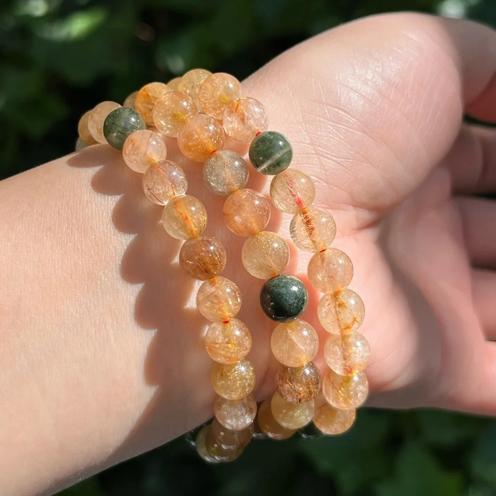 Gorgeous 8mm gold rutilated quartz bracelet‎